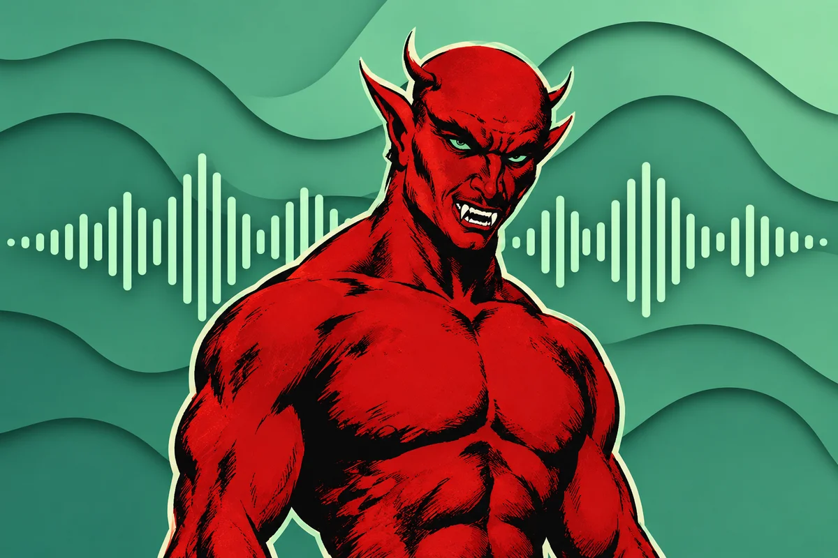 A red horned demon snarling in front of a green audio waveform