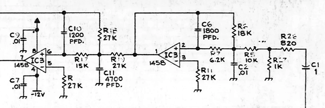 Section of the schematic showing C1, R26 and R27 on the right, then two 1458 op-amp filter stages with their resistors and capacitors