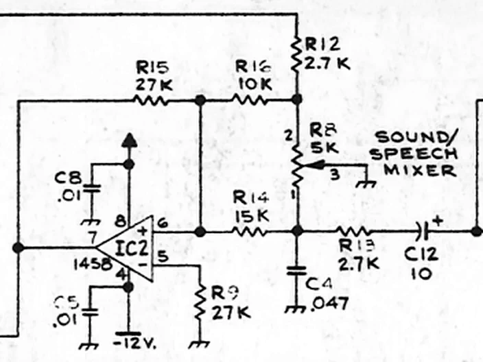 Section of the schematic showing the mixer: speech arriving through C12 and R13, C4 to ground, the 5k sound/speech pot R8, and op-amp IC2